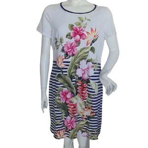 TOMMY BAHAMA Dress, L, White, Blue stripes, Floral print, Short sleeves, Jersey